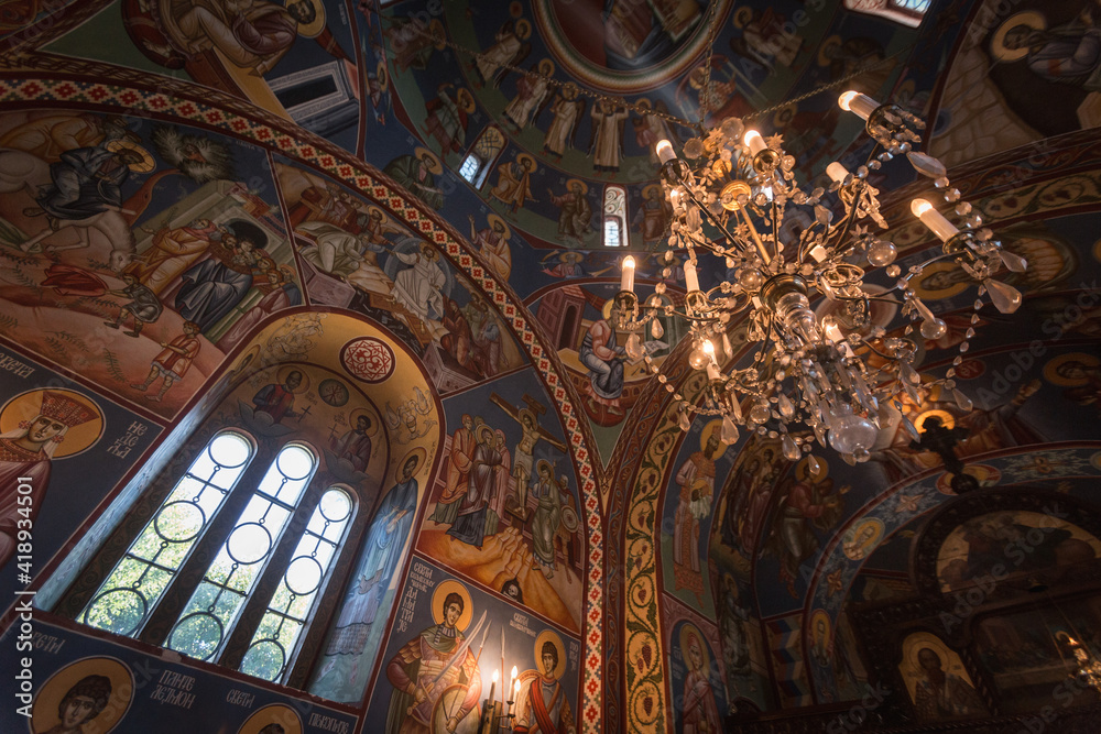 Orthodox church interior with dom and lantern
