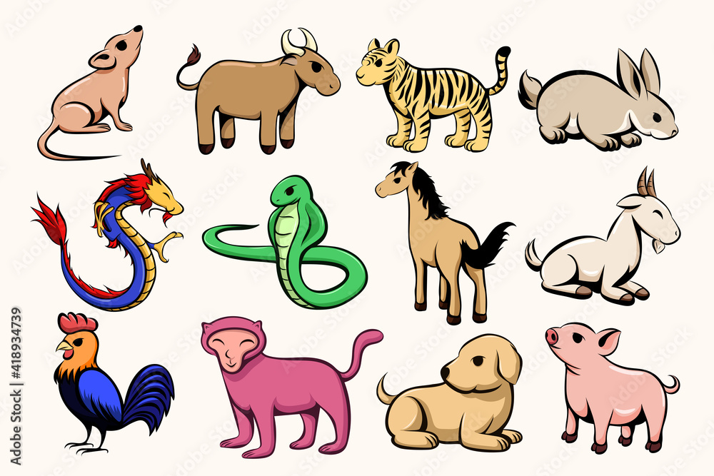 Fototapeta premium Set of twelve lunar zodiac horoscope symbol. Concept chinese happy new year. Color vector illustration cartoon of twelve animal.