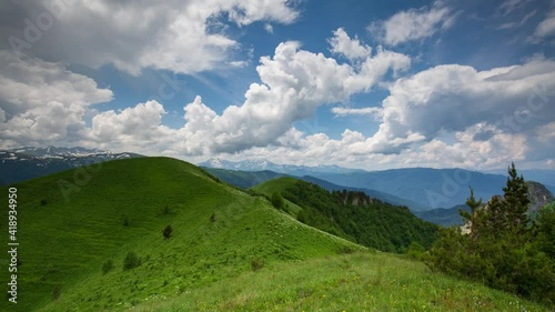The formation and movement of clouds over the summer slopes of Adygea Bolshoy Thach and the Caucasus Mountains