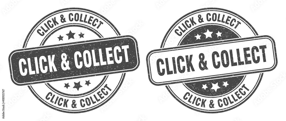 click & collect stamp. click & collect label. round grunge sign