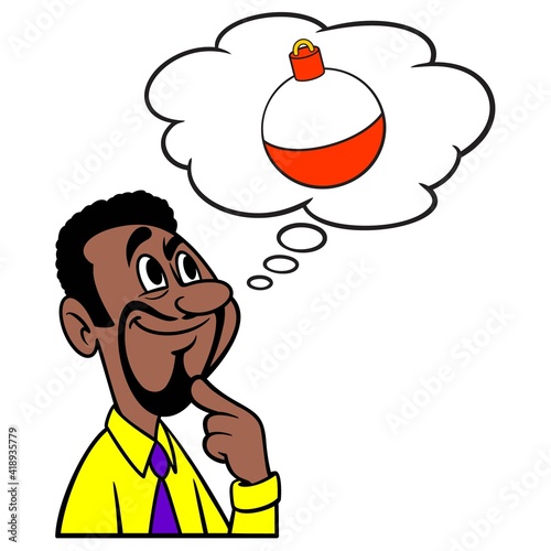 Man thinking about Fishing Trip - A cartoon illustration of a man thinking about a Fishing Trip.