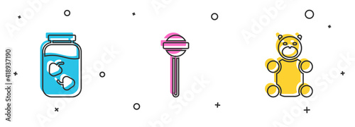 Set Strawberry jam jar, Lollipop and Jelly bear candy icon. Vector.