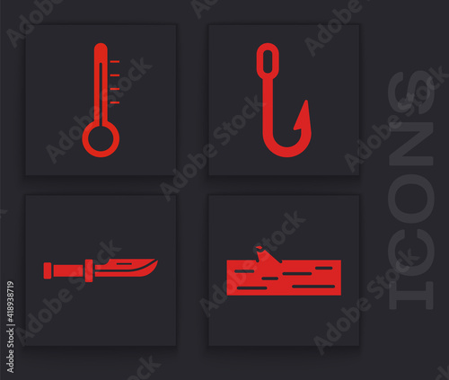 Set Wooden log, Meteorology thermometer, Fishing hook and Camping knife icon. Vector.