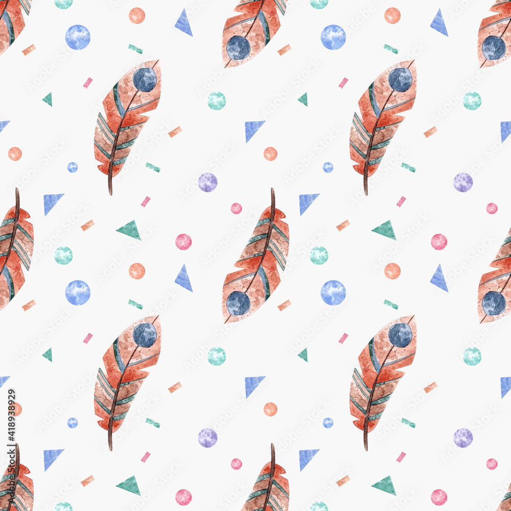 seamless watercolor feathers pattern. children's ornament for printing on fabric, wallpaper, postcards, packaging. doodle illustration