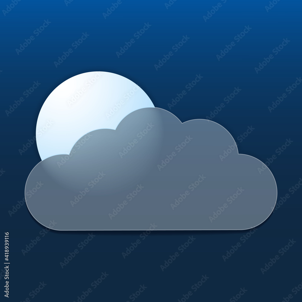 Vector drawing. Weather icon with cloud in style glass morphism and moon on dark background. Vector drawing. Weather icon with cloud in style glass morphism and moon on dark background.