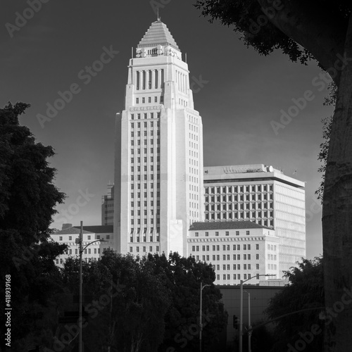 Los Angeles City Hall in black and white on bright sunny day photo