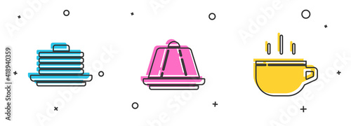 Set Stack of pancakes, Pudding custard and Coffee cup icon. Vector.