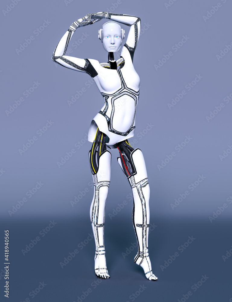 Robot woman. White metal droid. Artificial Intelligence. Robot woman. White metal droid. Artificial Intelligence.