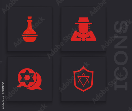 Set Shield with Star of David, Jewish wine bottle, Orthodox jewish hat and icon. Vector.