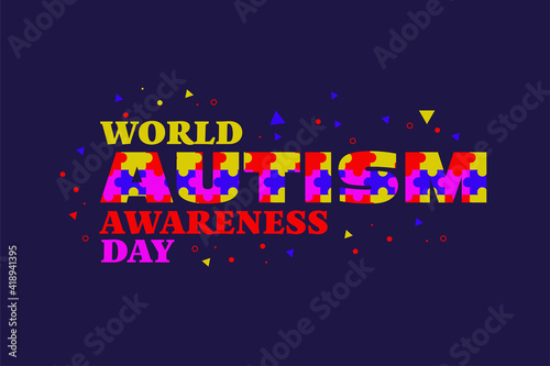 Vector illustration. typography world Autism Awareness day. colorful puzzle forming autism words. healthcare 
