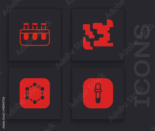 Set Pipette, Test tube and flask, Gaseous and Formula of benzene rings icon. Vector.