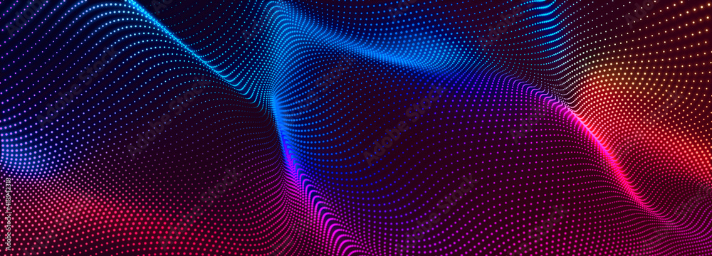 Futuristic dots pattern on dark background. Colored music wave. Big data. Technology or Science Banner. 3D rendering Futuristic dots pattern on dark background. Colored music wave. Big data. Technology or Science Banner. 3D rendering