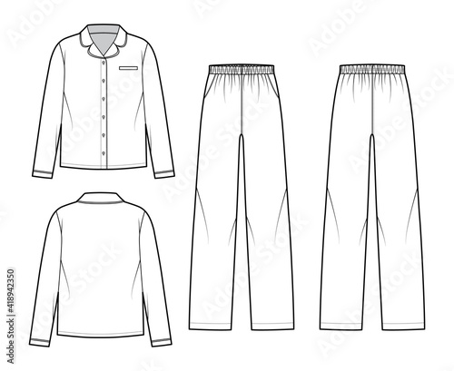 Set of Sleepwear Pajamas shirt, pants technical fashion illustration with full length, oversized, pockets, button closure, long sleeves. Flat front back, white color style. Women men unisex CAD mockup