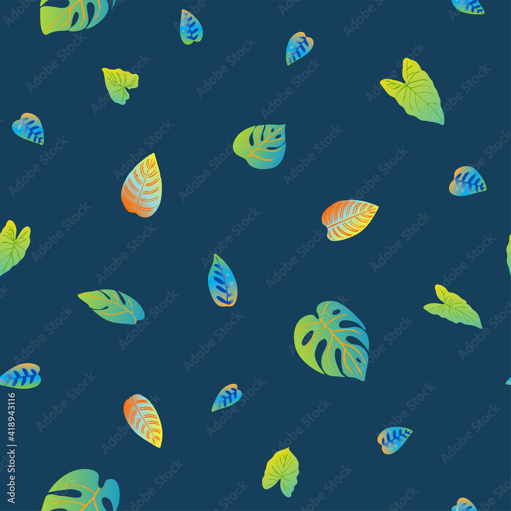 Pattern vector neon tropical leaves of palm, monstera, fern. Orange, purple and green plants on a blue background. Pattern vector neon tropical leaves of palm, monstera, fern. Orange, purple and green plants on a blue background.