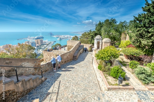 Obraz na płótnie Malaga, Andalucia, Spain - April 16, 2016: people observe the panoramic view of port of Malaga from the Gibralfaro Castle. w salonie