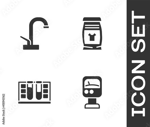 Set Pressure water meter, Water tap, Test tube with drop and Laundry detergent icon. Vector.