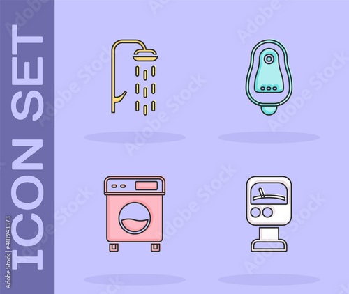Set Pressure water meter, Shower, Washer and Toilet urinal or pissoir icon. Vector.