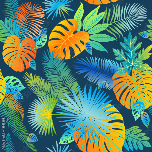 Pattern vector neon tropical leaves of palm, monstera, fern. Orange, purple and green plants on a blue background.