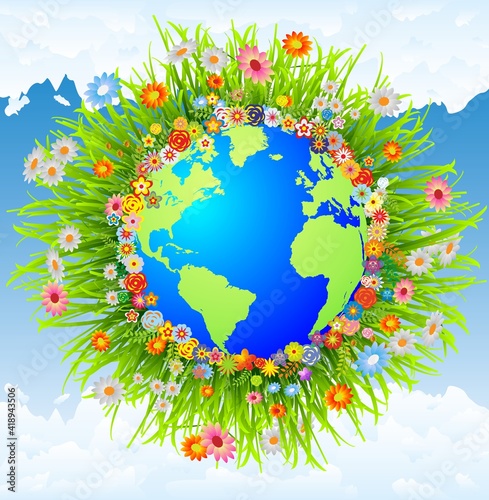 composition with the planet earth surrounded by a wreath of grass and flowers 