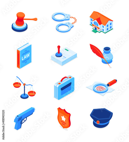 Law and justice - modern isometric icons set