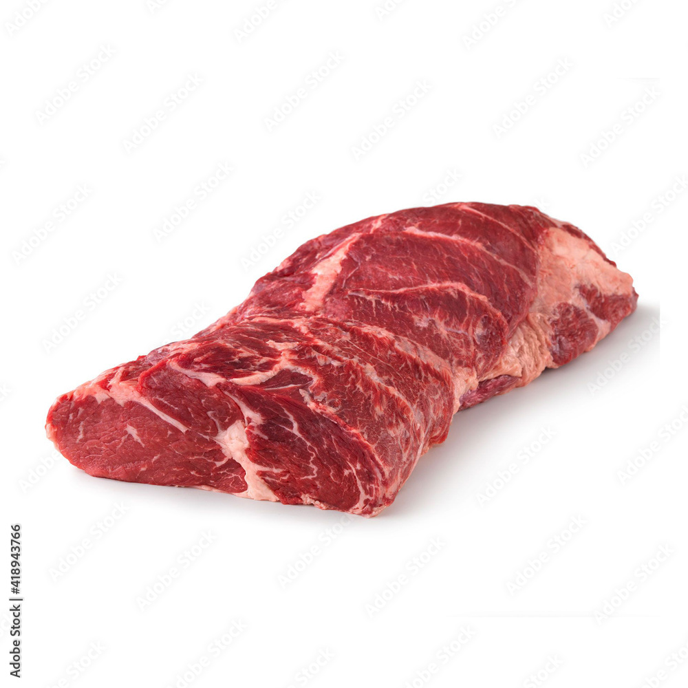 Close-up view of fresh raw Chuck Eye Roast Chuck Cut in isolated white background
