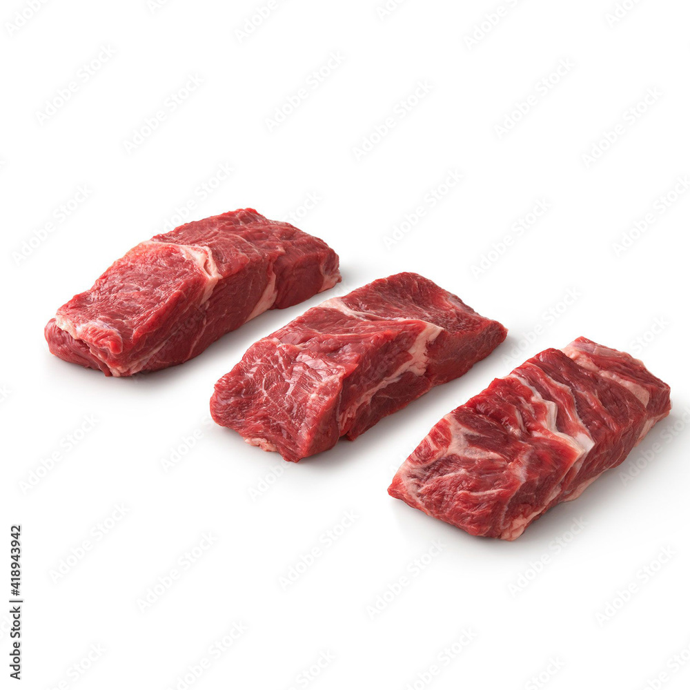 Close-up view of fresh raw Country Style Ribs Chuck Cut in isolated white background