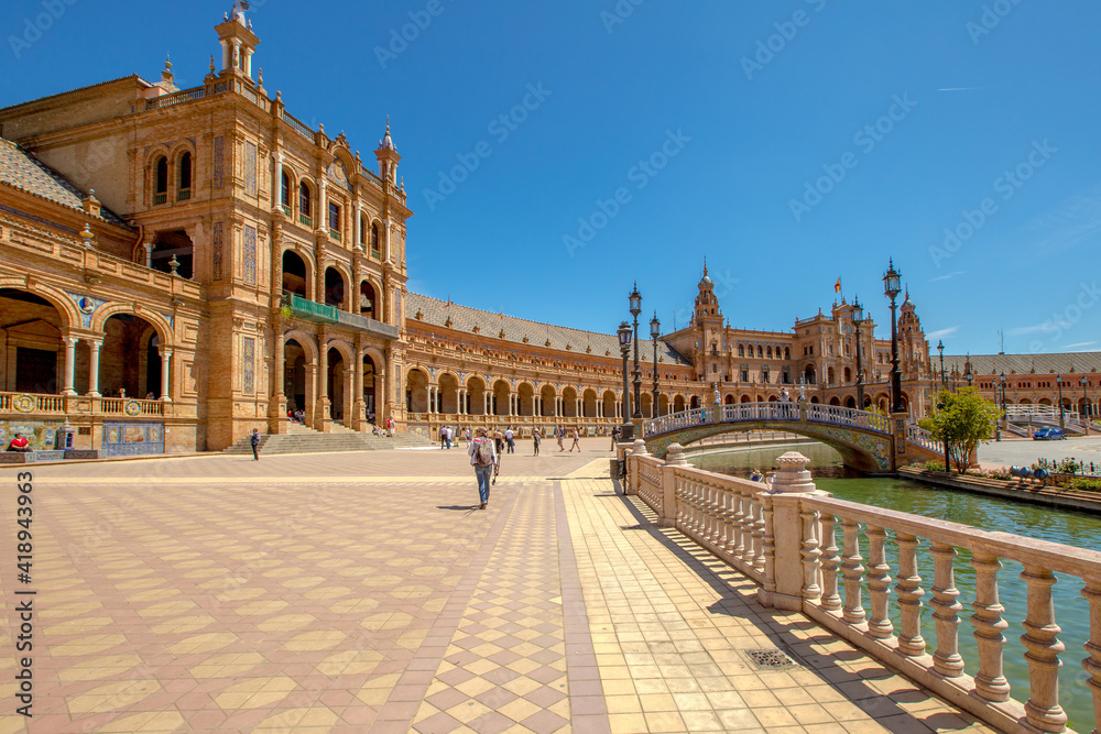 Seville, Andalusia, Spain - April 18, 2016: panoramic view of Plaza de Espana, popular landmark in Seville town.