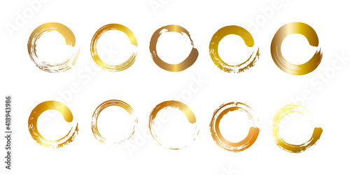 Set of different gold circles brush strokes. Flat style. Isolated on white background. Vector