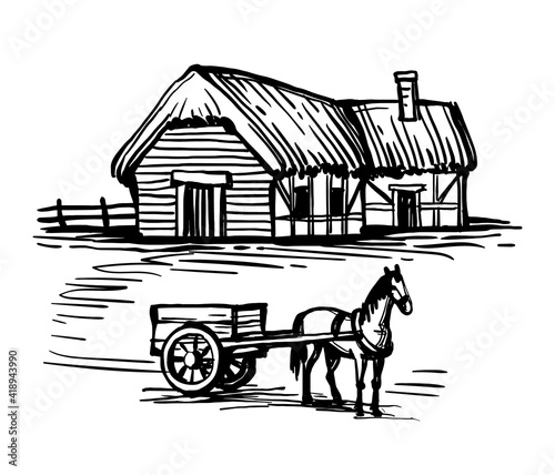 Ink sketch of country house and horse with cart.