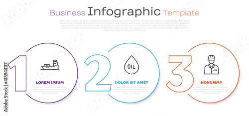 Set line Oil tanker ship, Oil drop and Oilman. Business infographic template. Vector.
