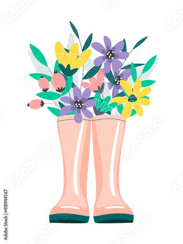 Cute bouquet in rubber boots. Spring romantic postcard Happy Gardening. vector illustration in flat style