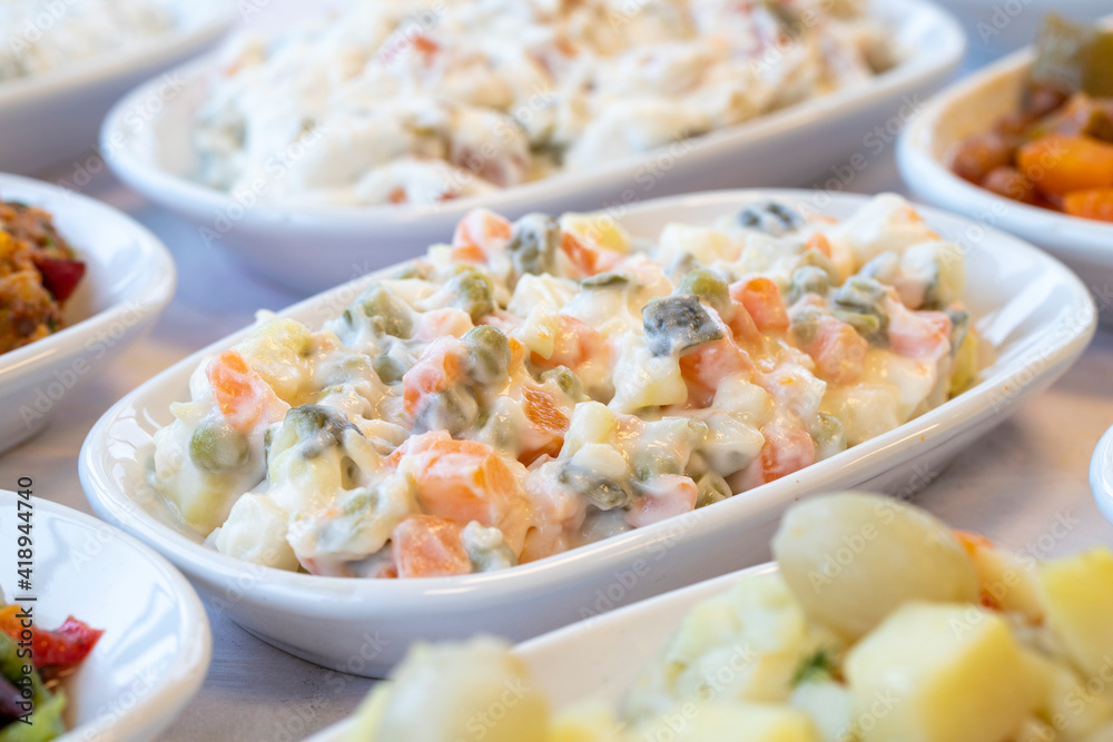 American salad. An aparatif meal prepared with potatoes, peas, pickles, corn and yogurt. Natural vegetarian food. Bulk appetizer plates. American salad mezze