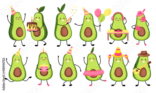 Cute kawaii avocado fruit. Flat cartoon style. stickers.