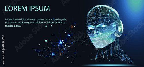 Robot, AI. Lines connected to thinkers, symbolizing the meaning of artificial intelligence. Low poly art, polygon wireframe mesh. Human communication, innovations, future technologies.