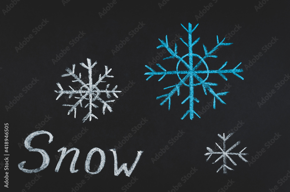 snow, the word snow and snowflake on a rough black Board snow, the word snow and snowflake on a rough black Board
