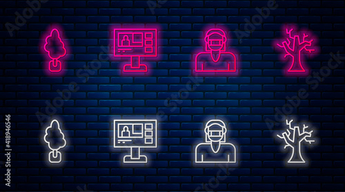Set line Television report, Face in protective mask, Tree and Withered tree. Glowing neon icon on brick wall. Vector.