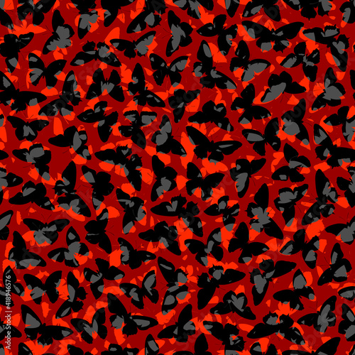 Seamless abstract background from a red perforating layer and many holes with moths (butterflies) shape on black.