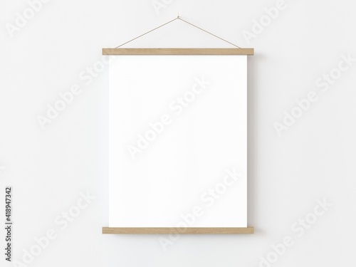 One vertical rectangle roll up poster mockup with light wood border hanging on a white wall in empty room. Isolated roll up poster mockup template on white background. 3D illustration