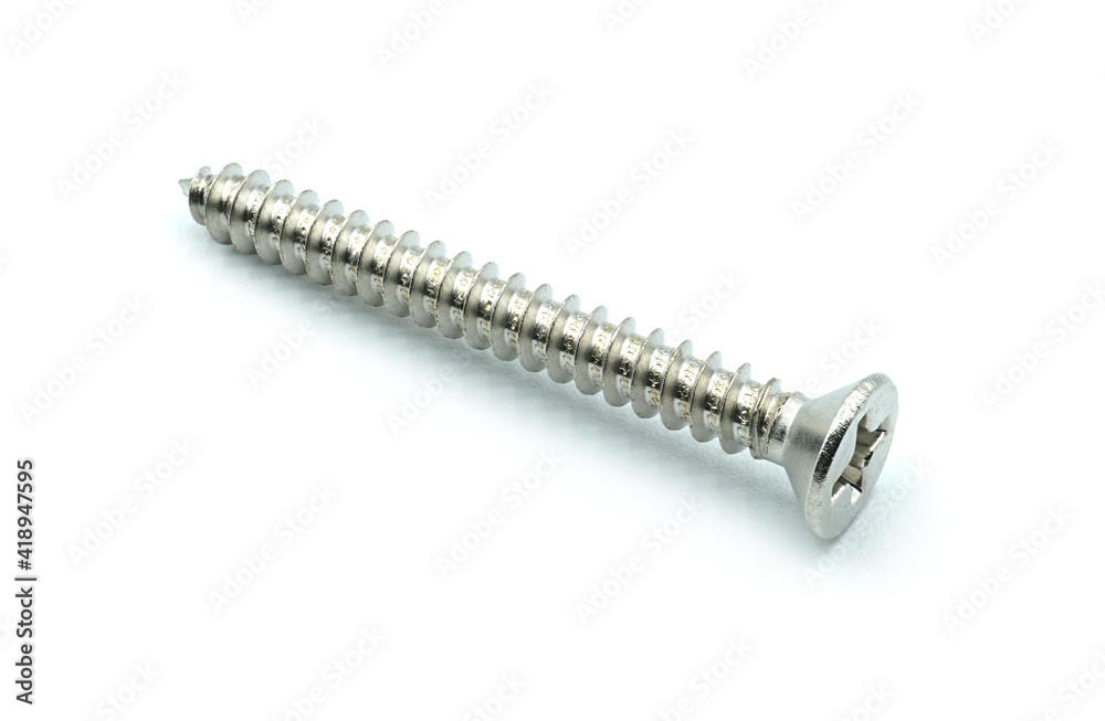One metal screw isolated on white background, Accessory materials of carpentry One metal screw isolated on white background, Accessory materials of carpentry