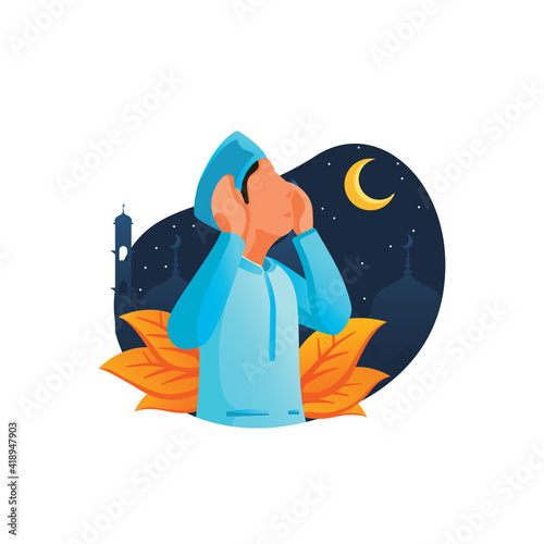 A Man is doing Adzan in the night, A call For Muslim To Pray - Ramadan - vector illustration