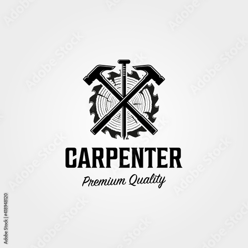 carpenter shop logo vintage vector symbol illustration design , woodworking hammer and nail steel symbol design