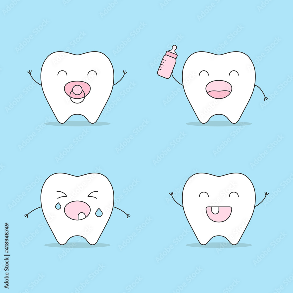 Set baby tooth cute cartoon character emotion happy cry pain shout symbol first teeth flat vector illustration. Set baby tooth cute cartoon character emotion happy cry pain shout symbol first teeth flat vector illustration.