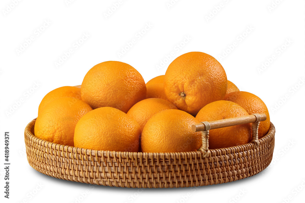 wide flat rattan basket with ripe oranges, clipping isolate on a white background wide flat rattan basket with ripe oranges, clipping isolate on a white background