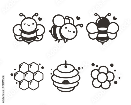 Cute bee cartoon character vector Hexagon honeycomb and flower isolated on white background.