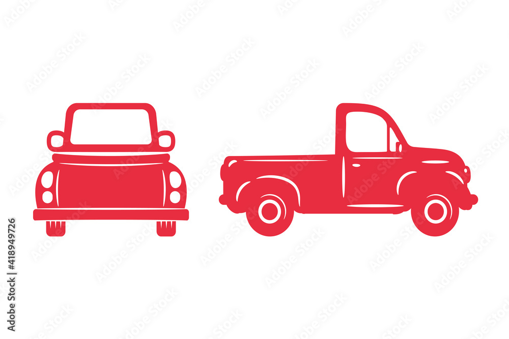 Vector pickup truck silhouette Red pickup trucks for carrying goods on the farm.