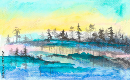 Beautiful northern landscape  hand-drawn with watercolor markers. Sunset over the lake in the fir forest. Cover  postcard  template design  wallpaper  logo.