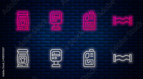 Set line Pressure water meter, Drain cleaner bottle, Laundry detergent and Industry metallic pipe. Glowing neon icon on brick wall. Vector.