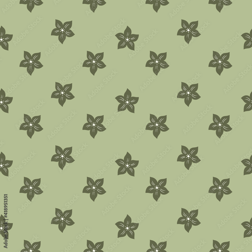 Seamless botanic pattern with pale green flower tropic elements. Natural vintage hand drawn artwork.