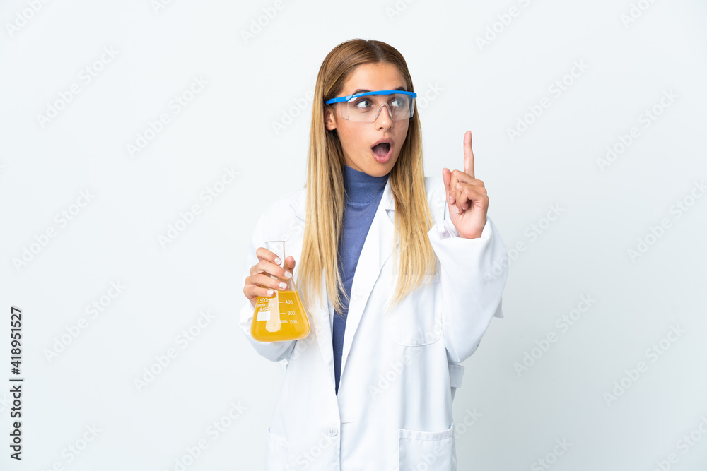 Young scientific woman isolated on white background thinking an idea pointing the finger up Young scientific woman isolated on white background thinking an idea pointing the finger up