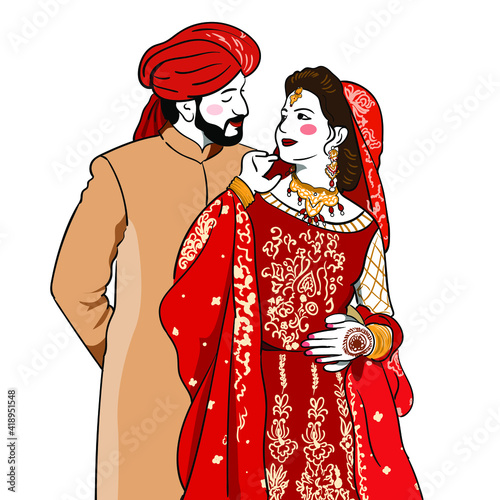 Cute Indian wedding couple having some romantic moment, traditional wedding function